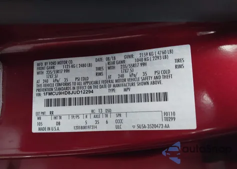 2018 Ford Escape Sel from USA, damaged, VIN 1FMCU9HD8JUD12294